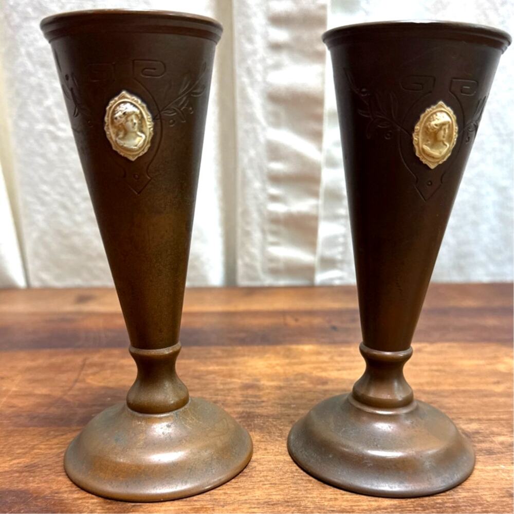 Benedict Athenic Bronze 1485 Vintage Etched Vase With Cameo Medallion Set of 2